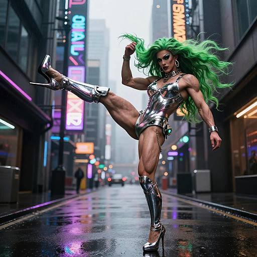Hyper-Realistic Cyberpunk Drag Queen Bodybuilder