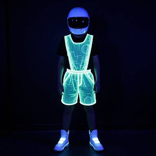 Glow-in-the-dark digital artwork of a person in neon blue astronaut suit, helmet, and shoes, standing against a black background.