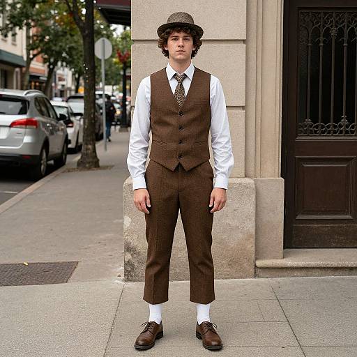 Photograph of a young man in a brown three-piece suit, white shirt, tie, black hat, white socks, and brown shoes, standing on