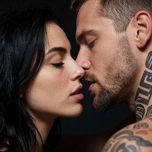 Close-up photograph of a tattooed, bearded man and a woman with dark hair, eyes closed, noses touching, in an intimate, black-l