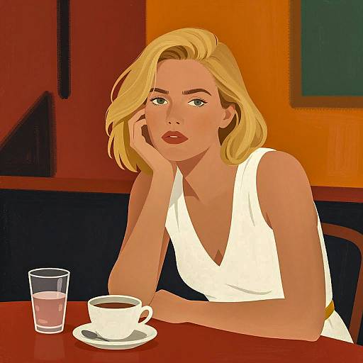 Serious Blonde Woman at Colorful Table