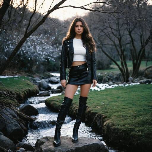 Young Woman in Black Leather Outfit by Stream