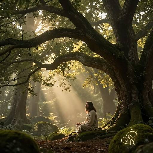 Photograph of a woman with long brown hair, wearing a cream dress, sitting under a large, arched tree in a sunlit forest, surrounded