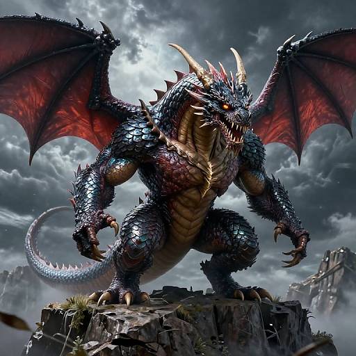 Digital artwork of a powerful, dark blue, red-winged dragon with glowing orange eyes, sharp horns, and spiked scales, standing on a rocky cliff