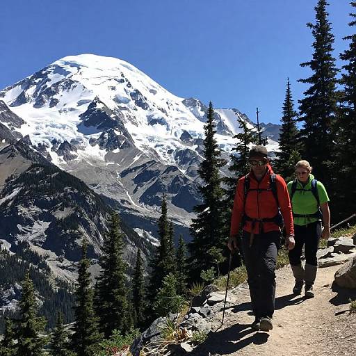 Photograph of two hikers, one in red jacket, one in green, climbing a mountain trail with snow-capped peak and pine trees under clear