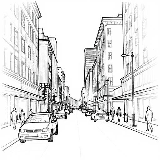 Black-and-white line drawing of a bustling city street with tall buildings, parked cars, pedestrians, and street lamps on both sides.