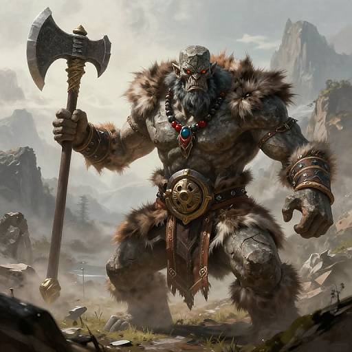 Digital artwork of a muscular, bearded, grey-skinned orc warrior with fur armor, wielding a large, double-headed axe in a rocky, mountain