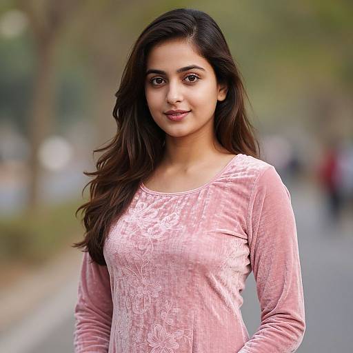 Photograph of a young South Asian woman with long, dark brown hair, wearing a pink velvet long-sleeve top, standing outdoors on a blurred