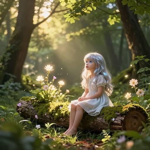 Photograph-like digital art of a silver-haired girl in a white dress, sitting on a moss-covered log in a sunlit forest, surrounded by glowing