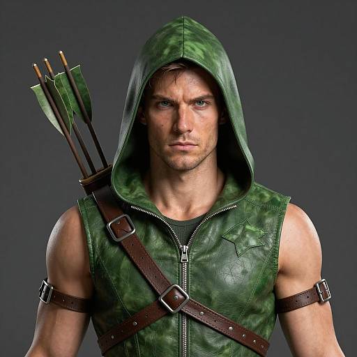 Male Archer in Green Hooded Leather Costume