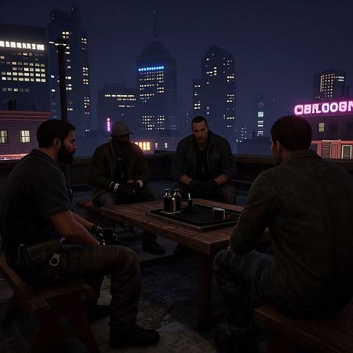 Four men in dark tactical gear sit around a wooden table on a rooftop at night, city skyline with neon signs behind them. Photo-realistic CGI.