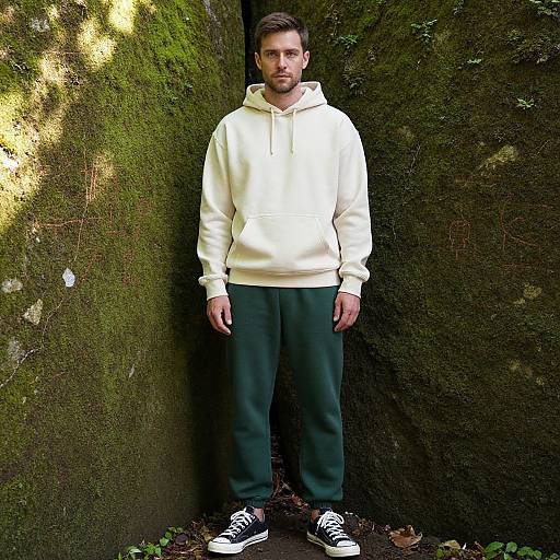 Photograph of a bearded man with short brown hair, wearing a cream hoodie, dark green pants, and black-and-white sneakers, standing against a