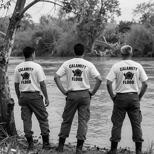 Three Men by a Flooded Riverbank