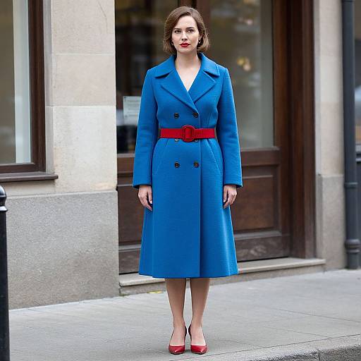 Photograph of a fair-skinned woman with short brown hair, wearing a vibrant blue coat, red belt, and red high heels, standing on a