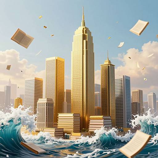 Digital artwork of a cityscape with golden skyscrapers, waves crashing, and floating papers against a bright blue sky.
