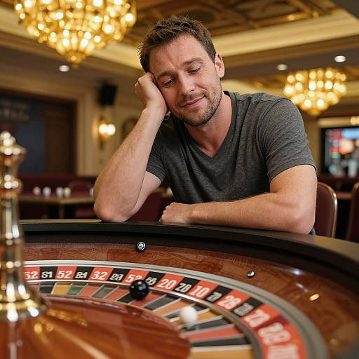Photograph of a handsome, bearded man in a grey t-shirt, resting his head on his hand at a roulette table in a luxurious casino with