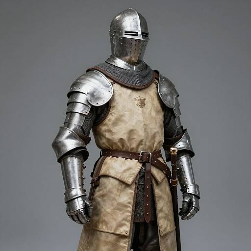 Photograph of a medieval knight in full plate armor, with a metallic helmet, chainmail underlayer, and beige surcoat, standing against a gray