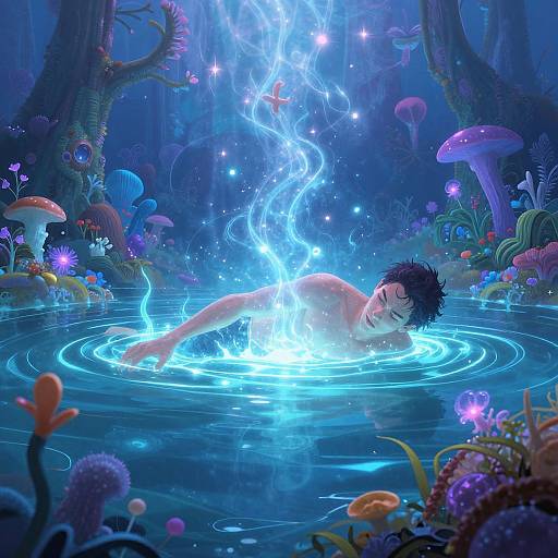 Digital fantasy artwork: Shirtless man with dark hair, glowing blue water, and ethereal blue flames, surrounded by vibrant mushrooms and colorful flora in a