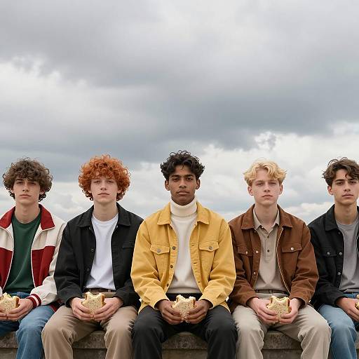 Five young men sitting outdoors holding sandwiches