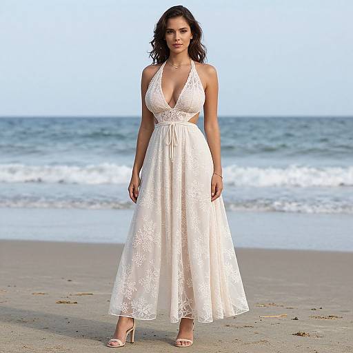 Photograph of a dark-haired woman in a white lace, deep V-neck, halter dress, standing on a sandy beach with ocean waves in the