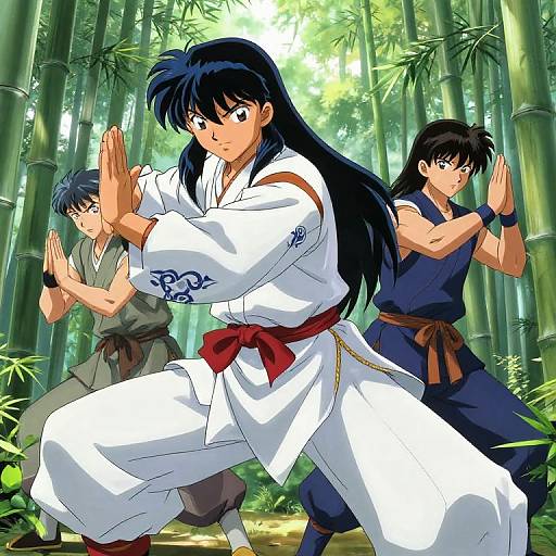 Digital anime-style drawing of three martial artists in a bamboo forest, standing in fighting stances; one in white gi, two in blue uniforms, with