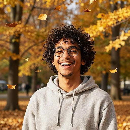 Photograph of a smiling young man with curly black hair, glasses, and a gray hoodie, standing in an autumn park with falling yellow leaves.
