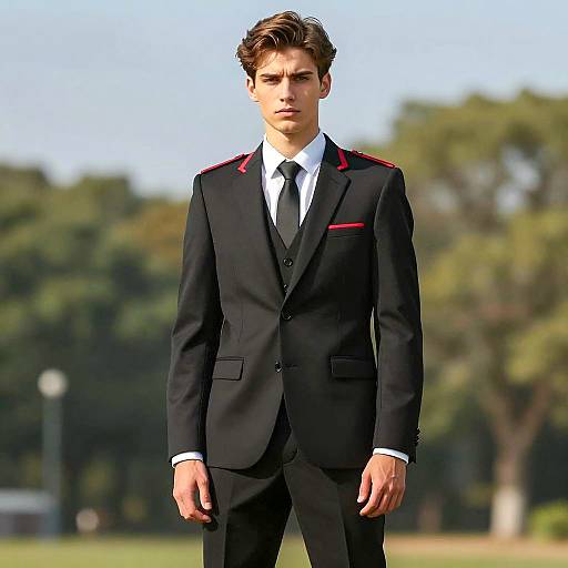 Young Man in Black Suit with Red Accents Outdoors