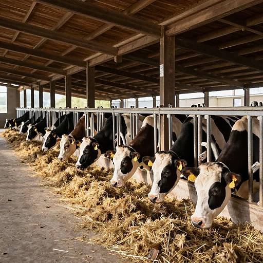 Photograph of a row of black-and-white cows eating hay under a wooden-roof barn, with sunlight streaming through windows.