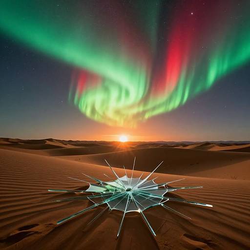 Photograph of a shattered ice crystal in a desert at sunset, with vibrant green and red auroras illuminating the night sky.