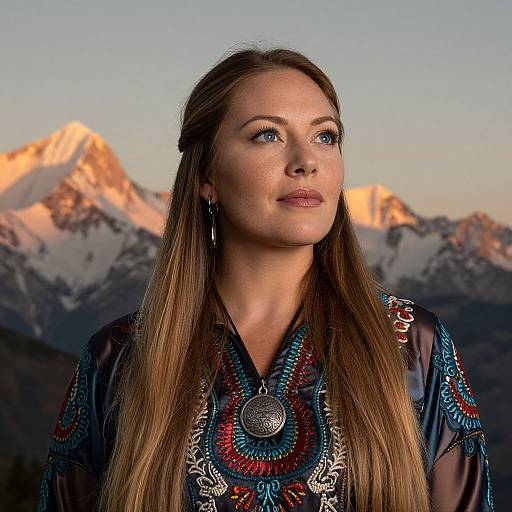 Photograph of a fair-skinned woman with long brown hair, wearing an intricately embroidered dark blue top, standing against a sunset-lit mountain range
