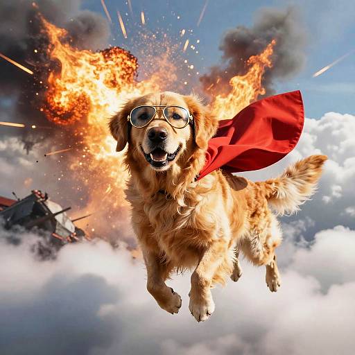 Photograph of a golden retriever dog mid-air, wearing aviator goggles and a red cape, with a dramatic explosion and helicopter in the background.