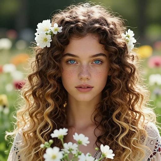 Photograph of a young woman with blue eyes, curly brown hair adorned with white flowers, standing in a sunlit flower field.