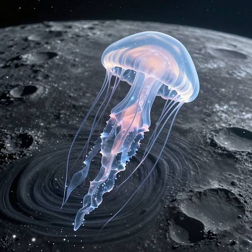Digital illustration of a glowing, translucent jellyfish with pink and blue hues hovering above a detailed, dark, cratered moon surface in space.