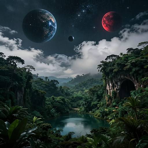 Fantastical digital artwork of a lush, dense jungle with a serene river, surrounded by towering trees and a starry night sky, featuring two planets