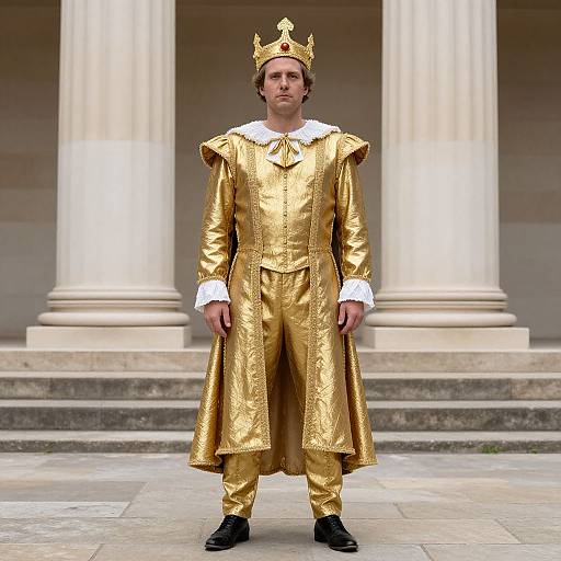 Photograph of a young man in a golden medieval-style king costume with a crown, white collar, and black shoes, standing in front of white columns