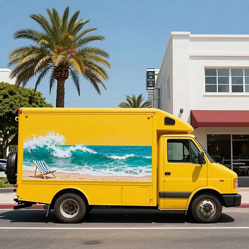 Photograph of a bright yellow delivery truck with a beach-themed wave and beach chair graphic, parked on a sunny street with palm trees and modern white buildings