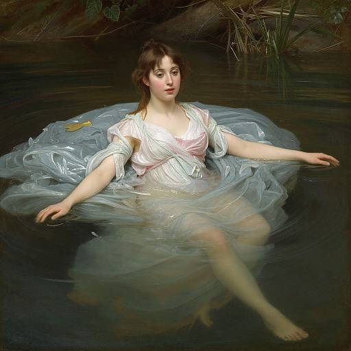 Digital painting of a fair-skinned woman with dark brown hair, in a white, semi-transparent dress, floating in a dark, calm pond. Her