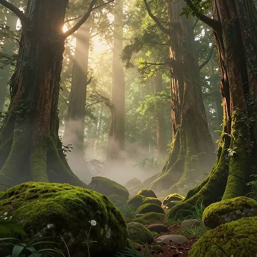 Photograph of a misty, sunlit forest with towering redwoods, moss-covered rocks, and sunlight filtering through dense foliage, creating a magical,