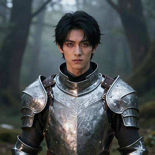 Photorealistic CGI of a young man with dark, tousled hair, wearing detailed silver armor, standing in a misty forest. Intense expression