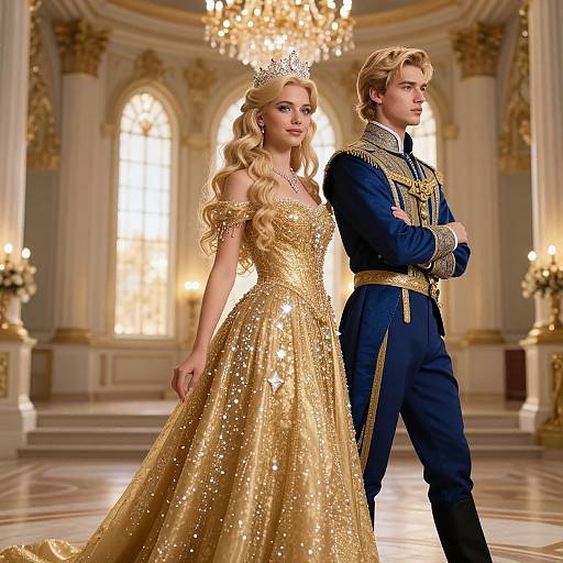 Photograph of a blonde princess in a sparkling gold gown and tiara, standing confidently beside a blonde prince in a blue military uniform, in a grand