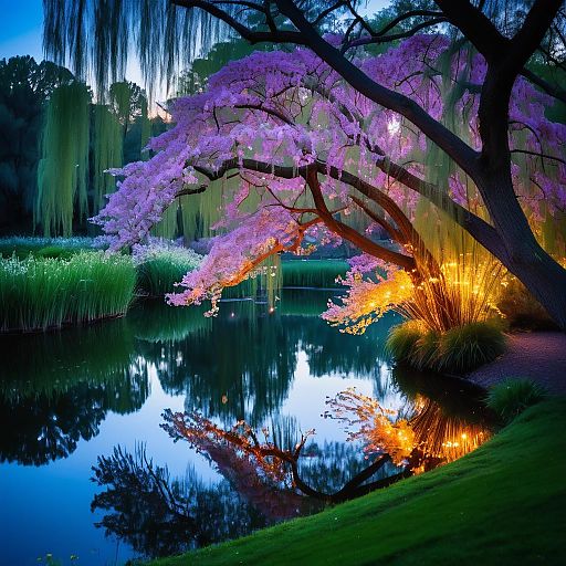 Vibrant digital painting of a magical forest at sunset, featuring a reflective pond with lilies, pink and purple trees, and radiant golden sunlight filtering