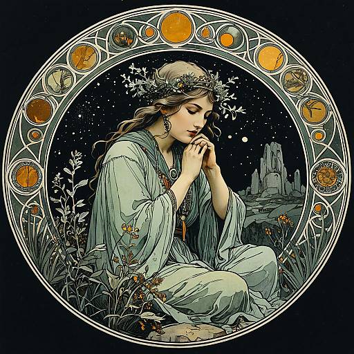 Mystical Woman in Ancient Stone Circle Illustration