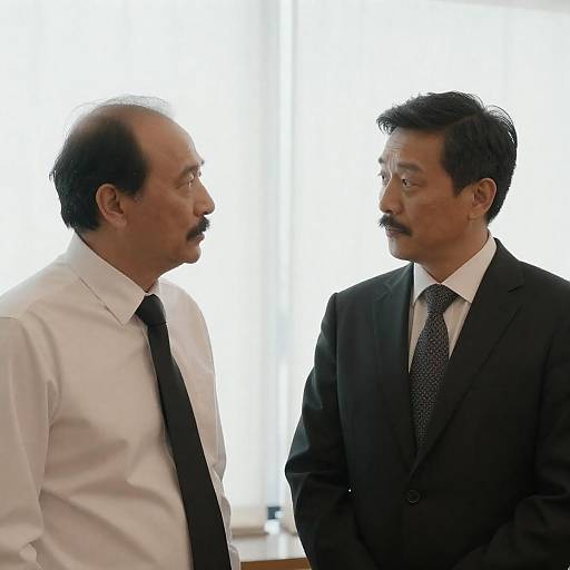 Two Men Conversing in Bright Room