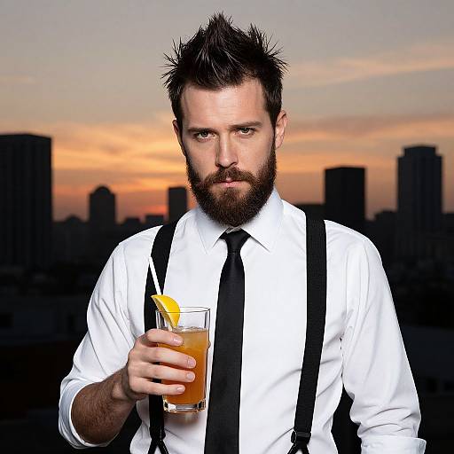 Photograph of a bearded man with spiked hair, white shirt, black tie, and suspenders, holding a cocktail with a lemon slice, against