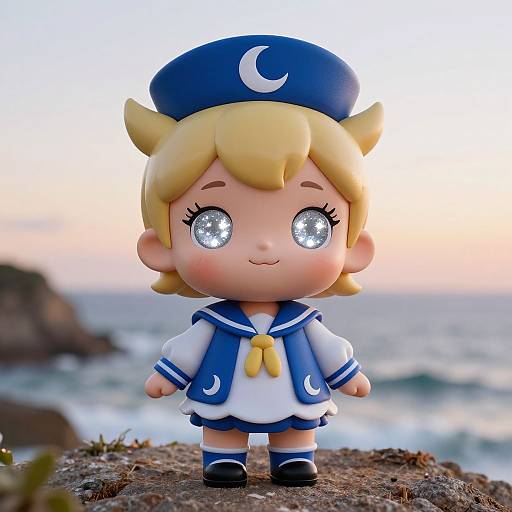 Photograph of a cute, chibi-style doll with blonde hair, blue sailor outfit, and glowing eyes, standing on a rocky coastline at sunset.