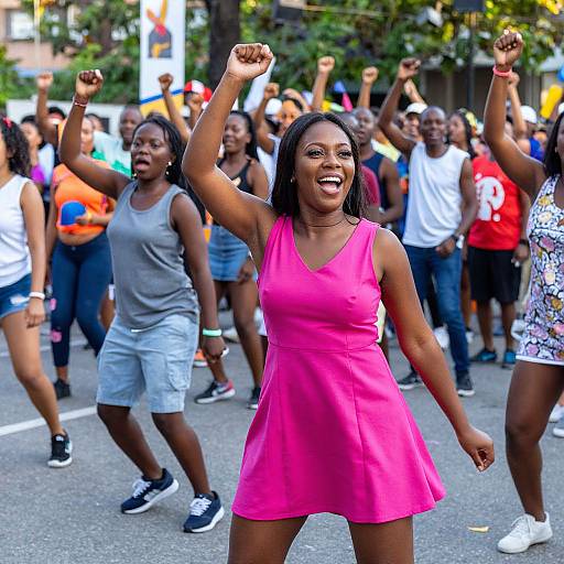 Photograph of a joyful Black woman in a bright pink dress, raising her fists, leading a diverse, energetic crowd in a street protest.