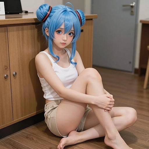 Blue-Haired Anime Girl Sitting Playfully