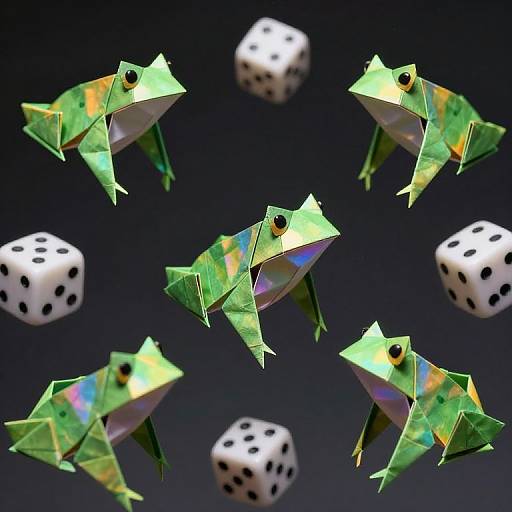 Digital artwork of six colorful, geometric green frogs with iridescent scales, floating among white six-sided dice with black spots against a dark gradient background.