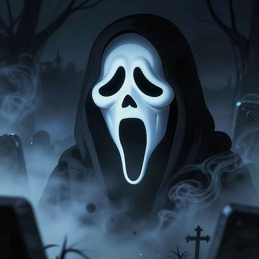 Digital artwork of a ghostly figure with a glowing white skull mask, hooded black cloak, in a foggy, dark cemetery at night.