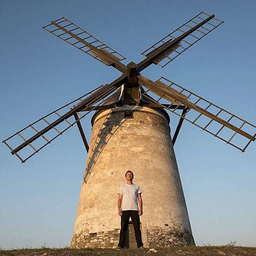Photograph of a man in a white shirt and black pants standing in front of a large, weathered windmill against a clear blue sky.